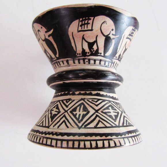 Vintage heavy ceramic candle pillar holder tribal pattern with elephants - Picture 3 of 7